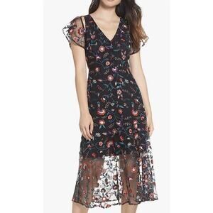 SAM EDELMAN Floral Embroidered Mesh Midi Dress 2 Black Cap‎ Sleeve Wedding Guest